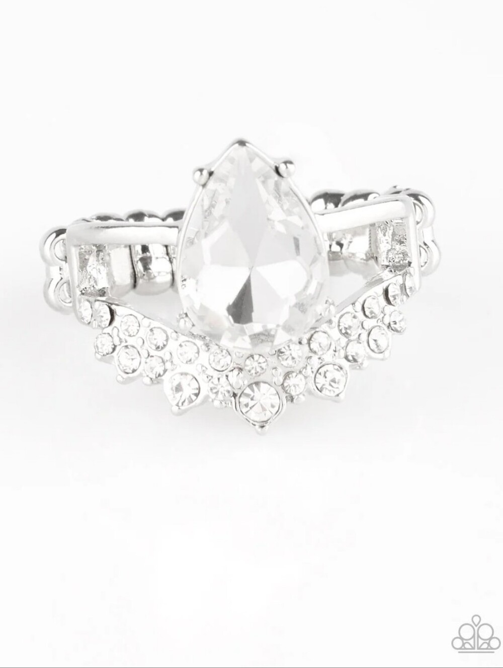 If The Crown Fits - White Ring - paparazzi Silver Clear Teardrop Cluster
